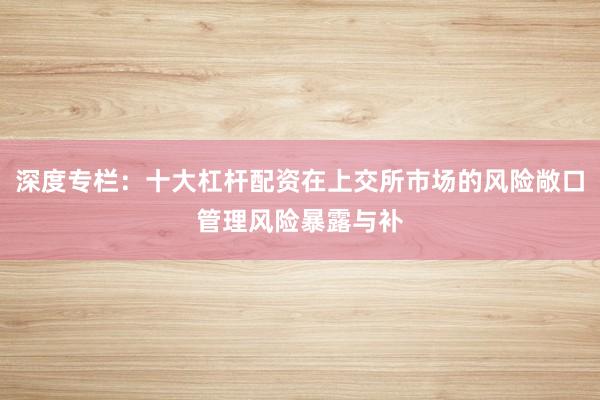 深度专栏：十大杠杆配资在上交所市场的风险敞口管理风险暴露与补